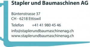 Hier der geänderte Visitenkartentext, bei dem das Eszett-Zeichen durch „ss“ ersetzt wurde:

```
Eine Visitenkarte für „Stapler und Baumaschinen AG“ mit Adresse:
Büntenstrasse 37, CH-6218 Ettiswil, Telefonnummer: +41 41 980 45 46,
E-Mail: info@staplerundbaumaschinenag.ch,
und Website: www.staplerundbaumaschinenag.ch,
mit einem blauen L-förmigen Grafikelement.
```