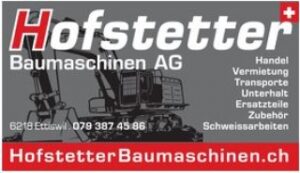 Sicherlich! Hier ist der geänderte Text, bei dem das Eszett-Zeichen durch „ss“ ersetzt wurde: Eine Visitenkarte der Hofstetter Baumaschinen AG, mit einem rot-grauen Farbschema und einem Baggerbild im Hintergrund. Die Karte enthält Kontaktinformationen und Dienstleistungen in deutscher Sprache: Handel, Vermietung, Transporte, Unterhalt, Ersatzteile, Zubehoer, Schweissarbeiten.